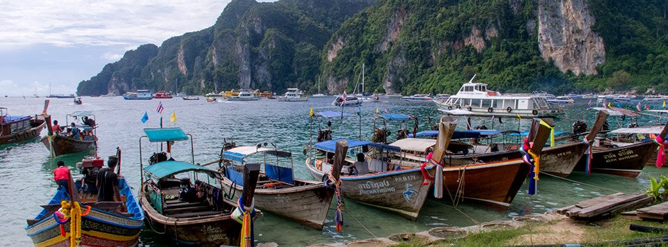 Longtail boats moored at Tonsai Bay, Phi Phi Don, Krabi